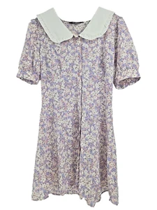 Women's Contrast Peter Pan Collar Puff Short Sleeve Shirt Dress Cottage Core M - Picture 1 of 11