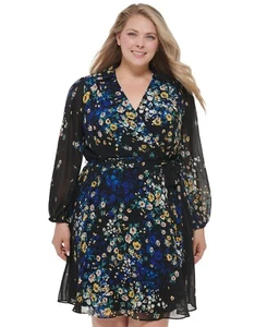 DKNY Women's Plus Size Black Floral Print Balloon Sleeve Tie-Waist Dress - 22... - Picture 1 of 4