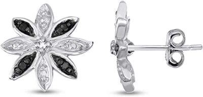 1/10ct Flower Stud Earrings Round White & Black Real Diamond 925 Sterling Silver - Image 1 of 3