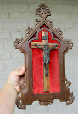 Rare antique black forest wood carved neo gothic frame crucifix velvet religious