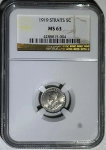 Straits Settlements 1919 Silver Coin 5 Cents Pre Malaysia Choice BU NGC MS 63 - Picture 1 of 2