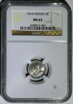 Straits Settlements 1919 Silver Coin 5 Cents Pre Malaysia Choice BU NGC MS 63 - Image 1 of 2