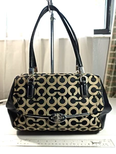 Coach Madison Medium Black Beige Satchel Op Art Canvas Leather Straps - Picture 1 of 12