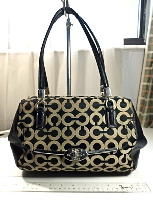 Cartera Coach Madison mediana negra beige Op Art lona correas de cuero Foto 1 de 4