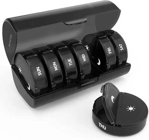 Black Daily Pill Organizer 2 Times a Day -Weekly AM PM Pill Box Case Damp-Proof - Picture 1 of 6