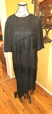 Vestido Vaina Vintage Scala Negro Talla 1X Cóctel Formal Flecos Cuentas LEER Foto 1 de 4
