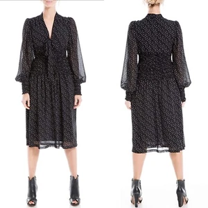 NEW MAX STUDIO Black CHIFFON Smocked Waist POLKA DOT Neck Tie MIDI DRESS XS - Picture 1 of 9