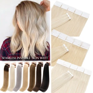 Thick BLONDE Tape In Real Remy Human Hair Extensions Skin Wefted 80PCS FULL HEAD - Picture 1 of 64