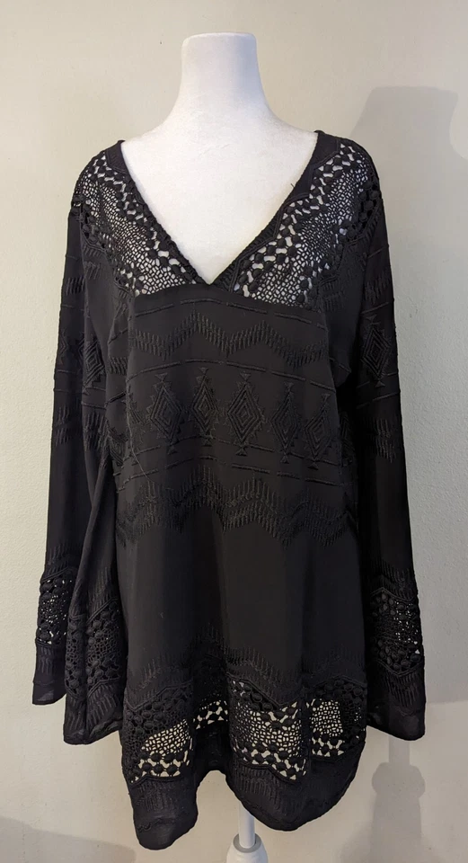 La Blanca sz US L 海滩钩针编织外衣上衣或迷你连衣裙黑色 2897 — 第 1/4 张图片