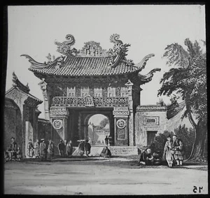 Linterna Mágica de Vidrio Diapositiva ESCENA CHINA CERCA DE PUERTA ELABORADA C1890 DIBUJO CHINA - Imagen 1 de 2