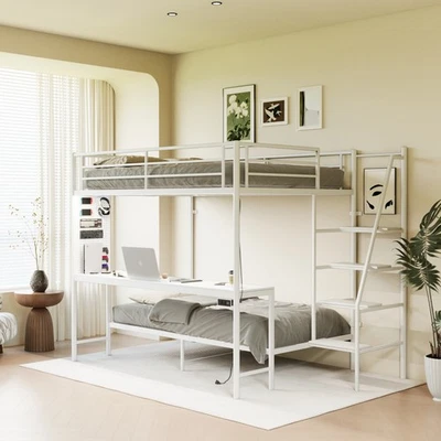 White full size bunk bed with twin size LED light and charging socket - Image 1 of 4