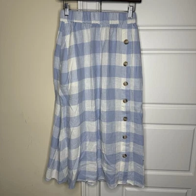 Madewell Women's Midi Skirt Linen Blend Side Button Gingham Check Pockets XXS - Image 1 of 4
