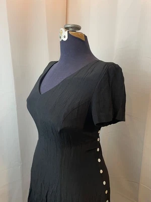 1990s Skater Mini Dress Black Crinkle Rayon side shell buttons The Limited L - Image 1 of 4
