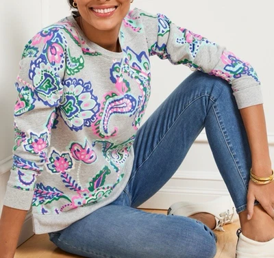 Moletom Talbots alto baixo fantasioso paisley cinza confortável boho pequeno 2X P2X - Imagem 1 de 4