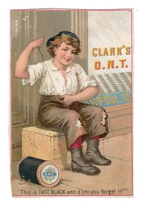 Boy Sewing Pants 1890 Victorian Trade Card - Clark's Spool Cotton / Thread - Bild 1 von 2