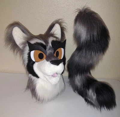 Disfraz de animal parcial de mapache gris cabeza y cola de mascota! Foto 1 de 4