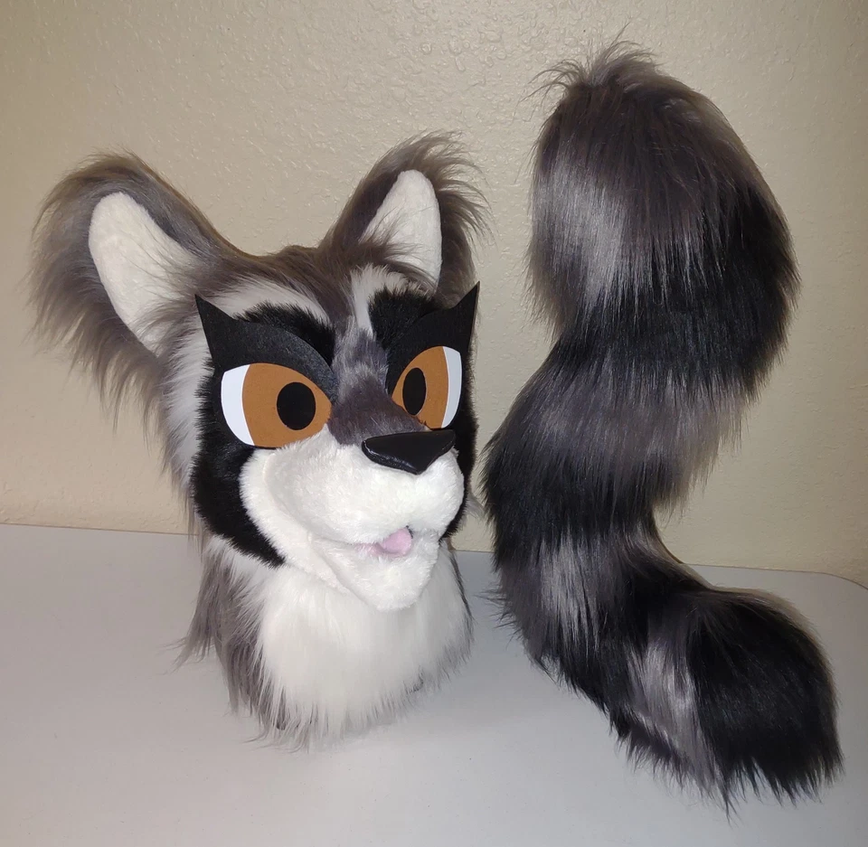 Disfraz de animal parcial de mapache gris cabeza y cola de mascota! Foto 1 de 4