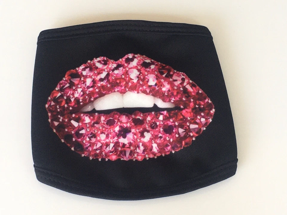 Big Ruby Red Lips w/3D Printed Rhinestones Face Mask/Cover Washable Reusable - Image 1 of 4