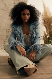 Urban Outfitters Mongolian Fur Coat Britney Y2K Blue Afghan NEW TAGS Jacket - S - Picture 1 of 7