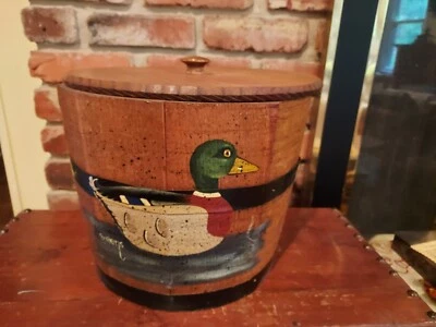 Wooden Ice Cream Bucket Painted Duck Signed w/ Lid 9 1/2" Tall Folk Art - Image 1 of 4