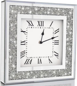 Crystal Crush Diamond Mirrored Square Wall Clock with Sparkle Twinkle Bling Diam - Picture 1 of 7
