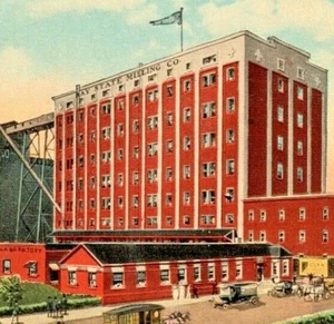 c1910 Winona, MN, Bay State Milling Co, silos de harina Wingold, carritos de caballo - Imagen 1 de 4