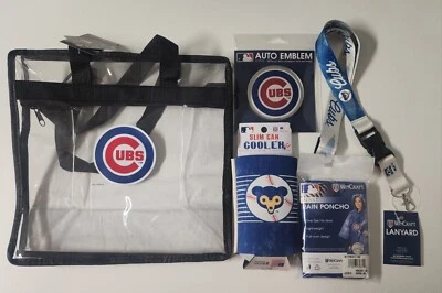 Chicago Cubs 12oz Two Sided Koozie, Lanyard, Pancho, Tote Bag, & Auto Emblem NEW - Image 1 of 4