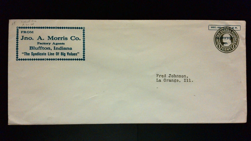 US Precancel Envelope: IN Bluffton Local T2 A 21 28 (Blue Ink); Used (JA Morris) - Image 1 of 1