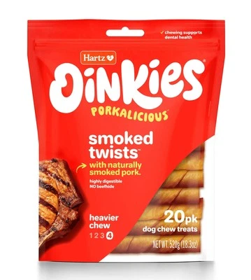 Hartz Oinkies Smoked Pork Flavor Pig Skin Twists Dog Chew Treats, 20 Count - Image 1 of 4