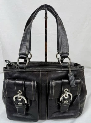 😎😎😎VTG COACH BLACK SILVER DOUBLE FRONT POCKETS Leather Soho Y2K Handbag 8A09 - Image 1 of 4