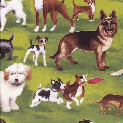 Assorted Dogs Bulldog Dachshund Beagle on Green Dog Park Quilting Fabric 1/2 Met - image 1 of 2