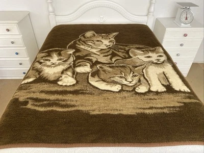Vintage Biederlack West Germany Single Acrylic Blanket Cats Kittens 200x150cm - Image 1 of 4