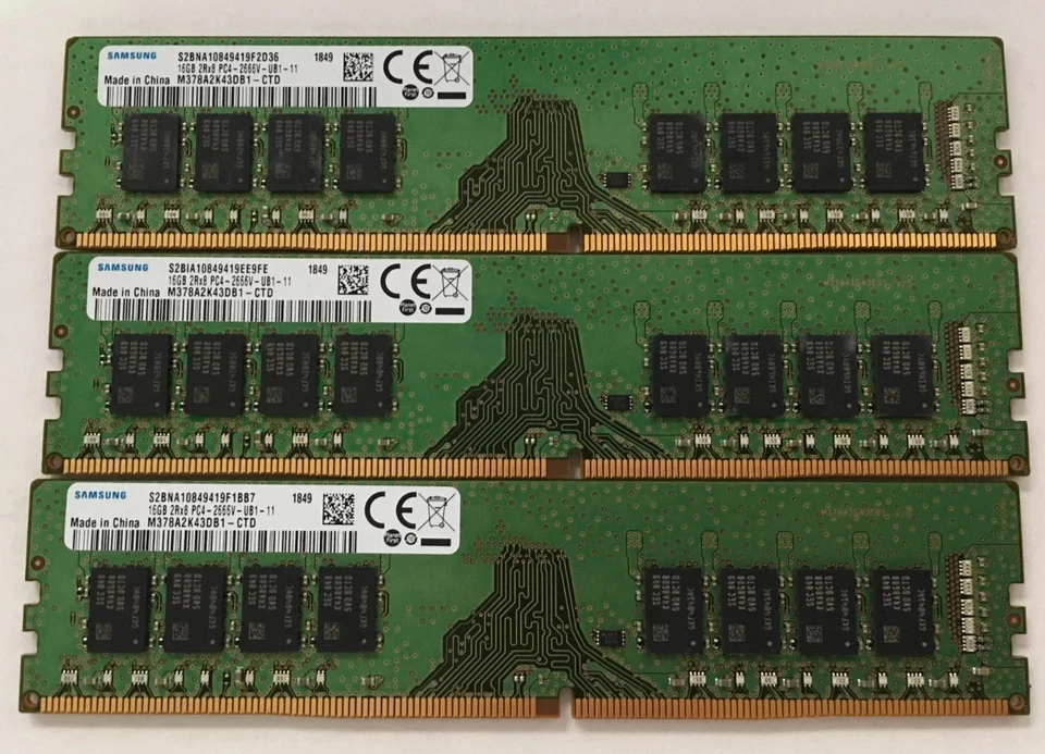 批量 3 件 SamSung 16GB 2Rx8 PC4-2666V-UB1-11 DDR4 DIMM 台式机内存 1849 — 第 1/2 张图片