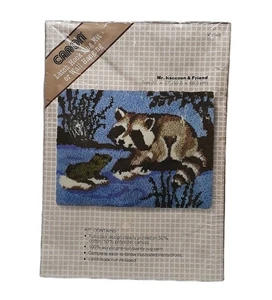 VINTAGE 1981 Caron Latch Hook Rug Walk Hanging Kit Mr. Raccoon And Friend Frog - Picture 1 of 7
