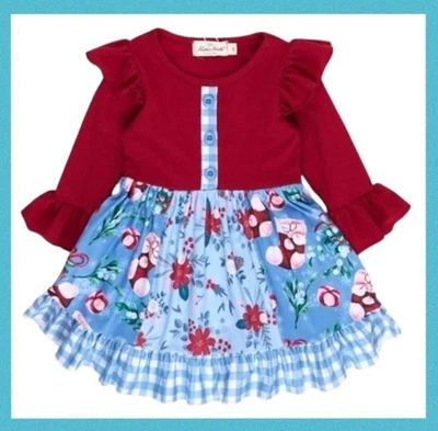 VESTIDO MARIE NICOLE NUEVO CON ETIQUETAS 3, 9-10 CARMESÍ Y AZUL ESTAMPADO NAVIDEÑO MIXTO CON VOLANTES Foto 1 de 4