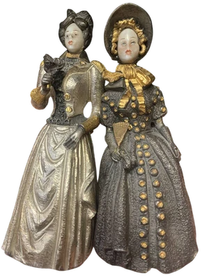 2 statuine argentate dame con abiti vittoriani  con volti in porcellana Anna ... - Immagine 1 di 4