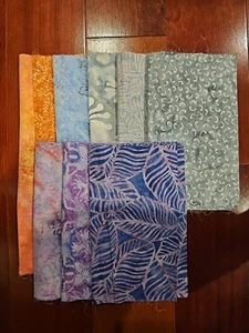 Batik Fsbric 9, 1/4 Yard Cuts 100% Cotton Grey Blue Purple Pink Orange - Picture 1 of 10