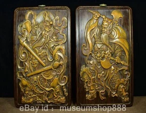 14" Old Chinese Ebony Wood Inlay Bamboo Reed Door God Sculpture Pendant Pair - Picture 1 of 9