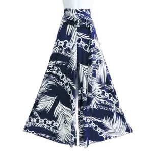 Resort Wear Navy Palazzo Pants NEW High Waist Ruched Tie Buckle Flare White L - Picture 1 of 11