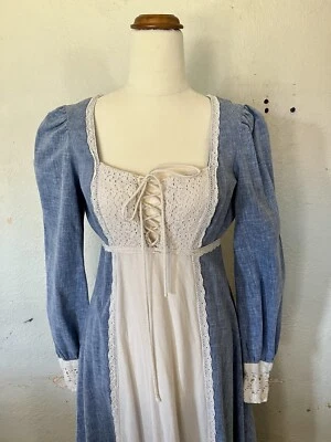 Maxi Vestido de Boda Gunne Sax Vintage Años 60 Boho Hippie Azul Pequeño/Mediano Foto 1 de 4