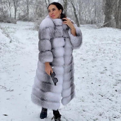 Women Natural Cross Fox Fur Long Overcoats Real Fur Outwear Coat Thick Jackets - Image 1 of 4