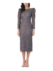 JS COLLECTION Womens Gray Pouf-sleeve V Back Boat Neck Midi Evening Dress 2 - Picture 1 of 11
