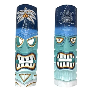 Set of 2 - 20" Blue & Green Tiki Masks Wood Wall Decor Indoor Outdoor Accent - Picture 1 of 9