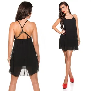 Chiffon Mini Dress Criss-Cross Back Summer Beach KouCla - Black - Picture 1 of 3