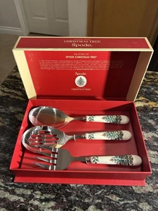 Spode Xmas Tree 3 Piece Cutlery Set Serving Spoon Meat Fork Slotted Spoon Server - Picture 1 of 5
