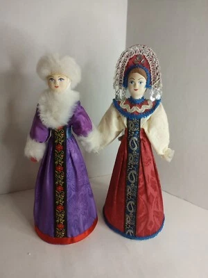 "Par de muñecas rusas de porcelana vintage con base de cono cosido a mano vestido tradicional 10""" Foto 1 de 4