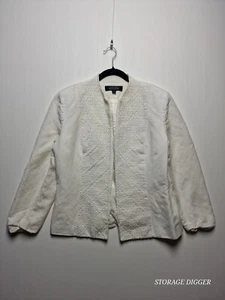 Kasper Blazer Jacket Women's 12 Ivory Linen Lined Classic Embroidered Open Front - Picture 1 of 14
