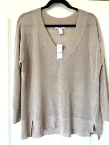 White House Black Market Gold Mesh V-neck Long Sleeve V-neck Shirt Women's L - Picture 1 of 4