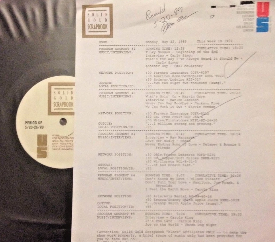 RADIO SHOW 5/22/89 THIS WK 71: CAROLE KING (2),THREE DOG NITE, CARLY SIMON,DOORS - Image 1 of 1