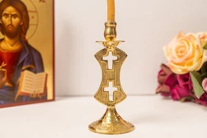 Candelabro Curvo con 2 Cruces en el Medio Latón 100% Auténtico - Imagen 1 de 3